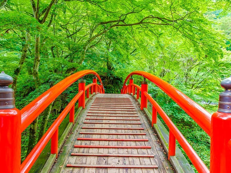 伊香保温泉の朱塗りの太鼓橋河鹿橋