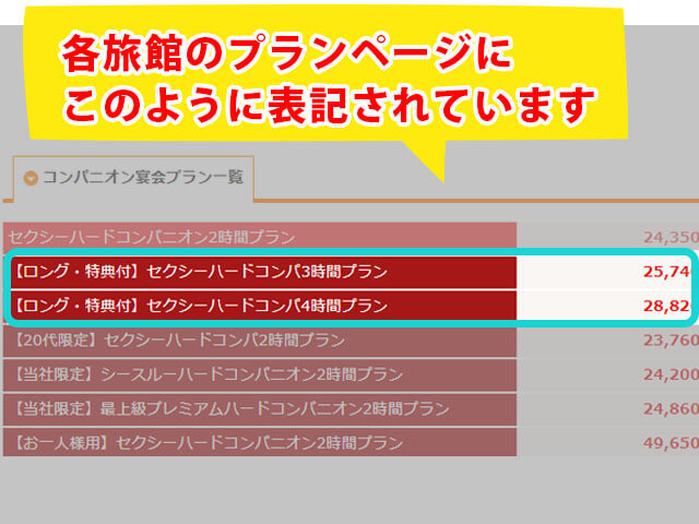 宴会コンパニオン旅行でのロングプラン表記方法