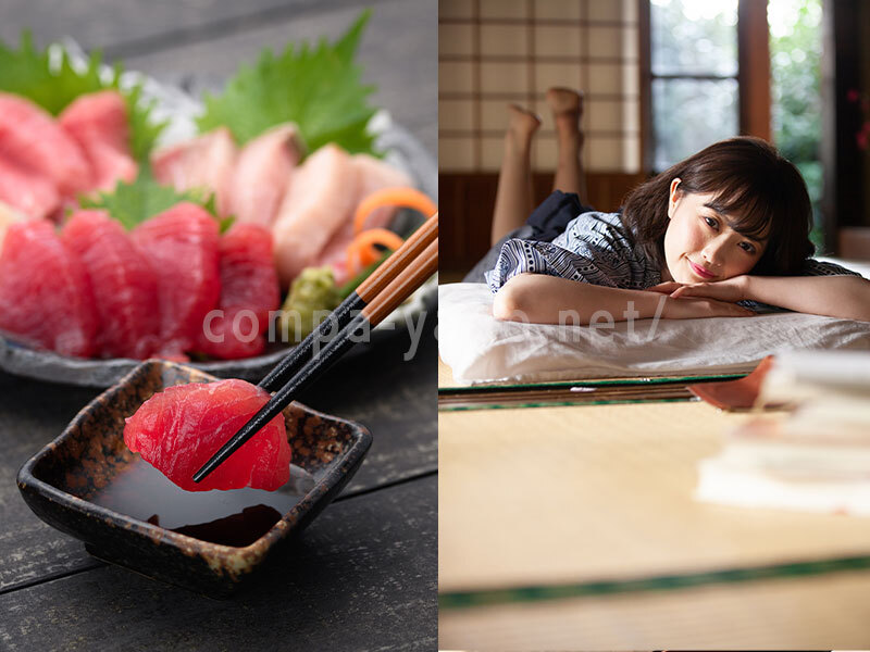 寝る女性と刺身