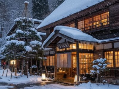 雪が降る中の旅館の外観